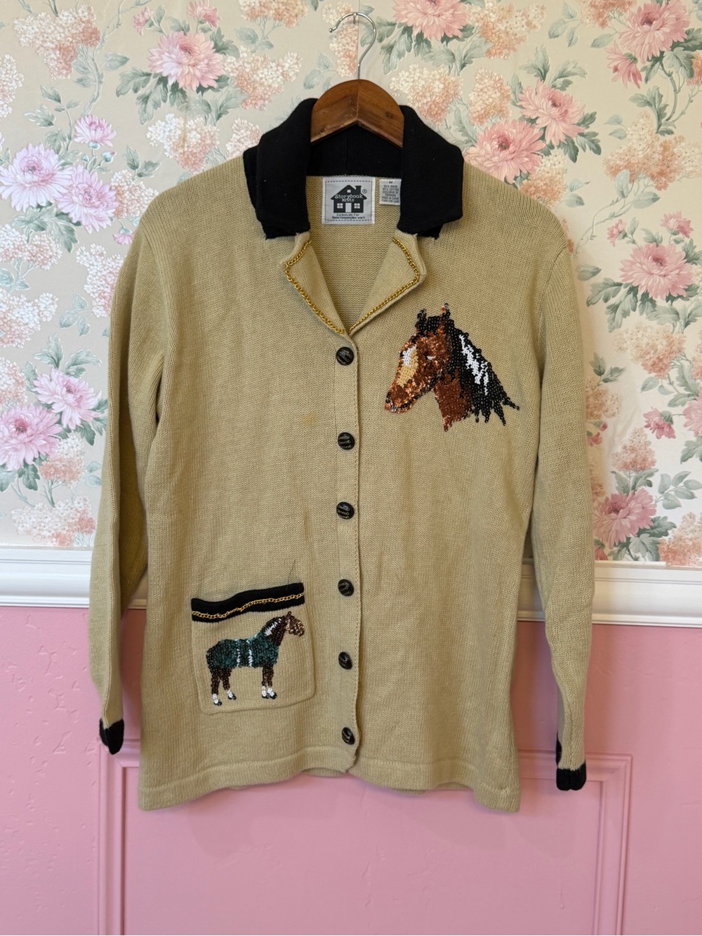 Storybook Knits Beige Men’s Horse-Embroidered Cardigan with Black Trim